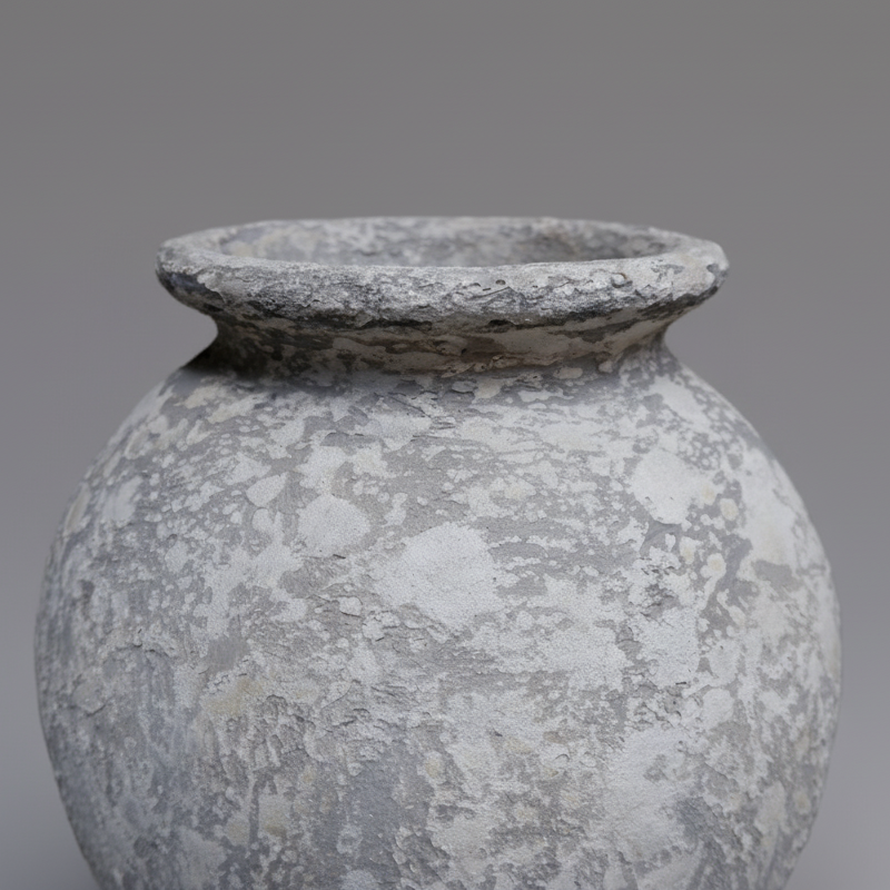 Textured stone vase on a gray background