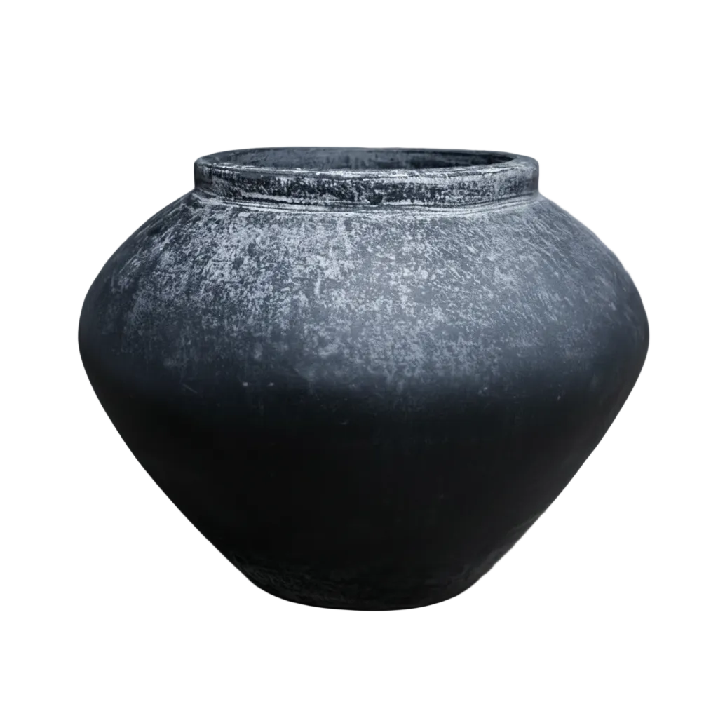 Black textured vase on a gray background