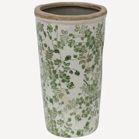 Embrace the rejuvenating essence of nature with the Green Botanical Print Vase. Exquisitely made from stoneware and embellished with a hand-stamped botanical pattern, this adaptable piece infuses a sense of organic charm into any indoor or outdoor area. front