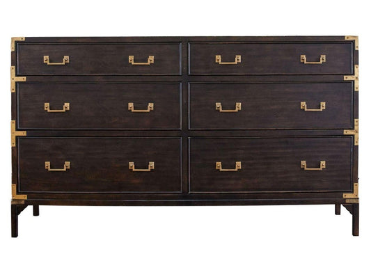 A dark brown wooden six-drawer dresser with brass hardware and corner guards, shown against a plain white background.