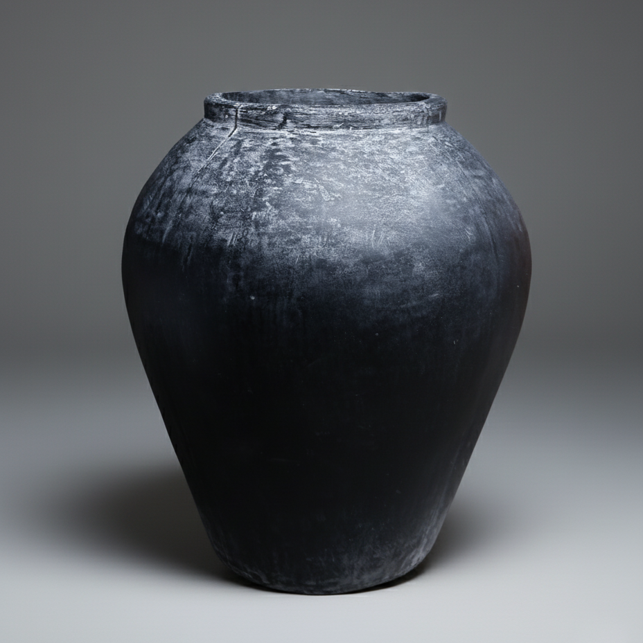 Black textured vase on a gray background