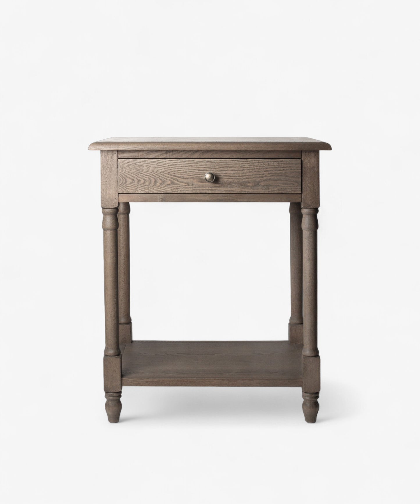 Wooden side table with a single drawer on a white background