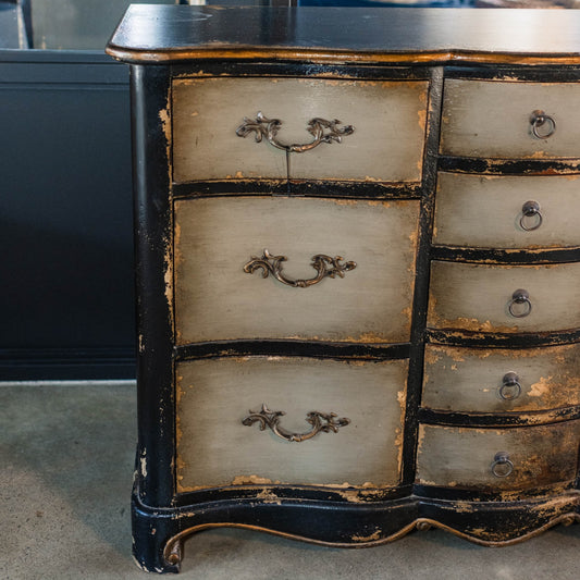The Raphael Chest Of Drawers is a meticulously handcrafted piece constructed from Mahogany Wood and artfully finished with a distressed aesthetic to give it a vintage French appearance. Detail