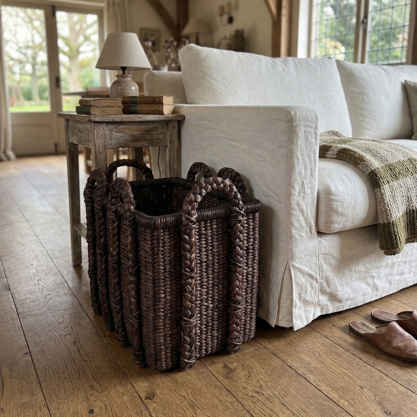 Cozy living room with a white sofa, wicker basket, and wooden floor.