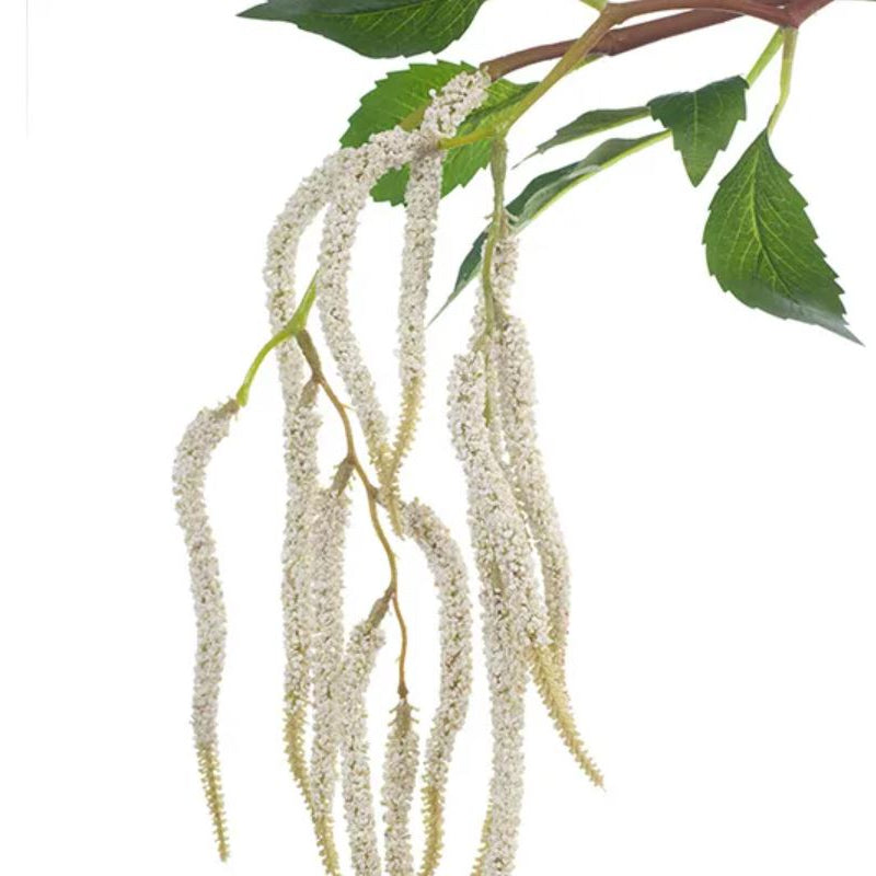 Floral arrangement with green leaves and white flowers on a white background