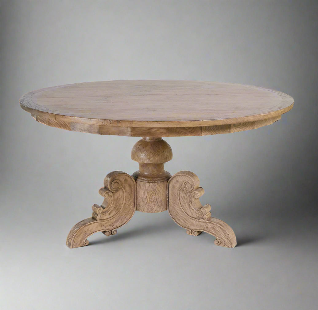 Passionately crafted from European Beech and adorned with a salvaged Natural oak finish, the Caribbean Round Dining Table is a stunning addition to any home. Its stain and scratch resistant lacquers ensure lasting beauty, making it perfect for both dining and entryway use.
