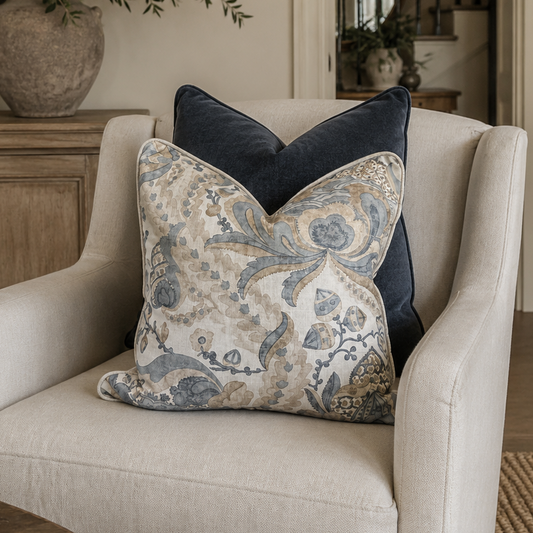 A styled interior scene showing a cream upholstered armchair with two decorative throw pillows, one patterned in beige and blue-gray and one solid dark navy, set in a warm, elegant room with a sideboard, wall sconce, and staircase in the background.