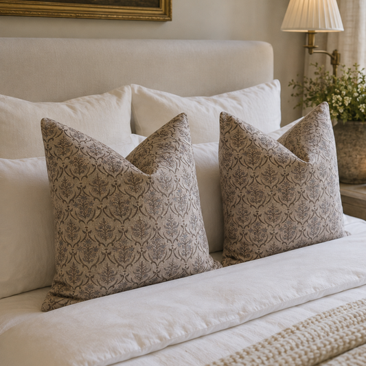 Two square decorative throw pillows with a beige and taupe damask pattern, styled on a white bed with a chunky knit beige blanket in a softly lit bedroom.