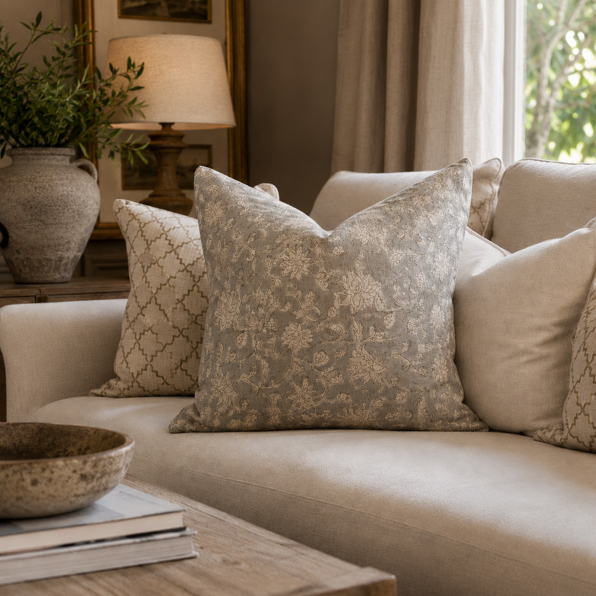 Mia Sage Grey Floral Block Print Linen Cushion 50cm x 50cm