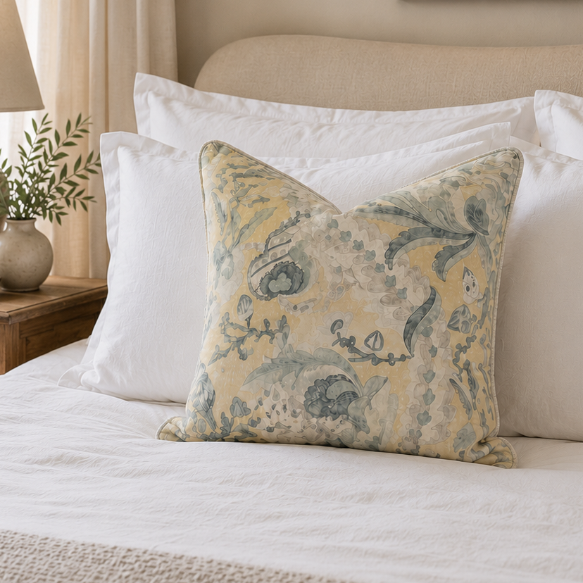A styled bedroom scene with a bed dressed in white bedding and a decorative throw pillow featuring a blue and beige botanical pattern, set against a neutral wall with a framed landscape painting and a bedside lamp.