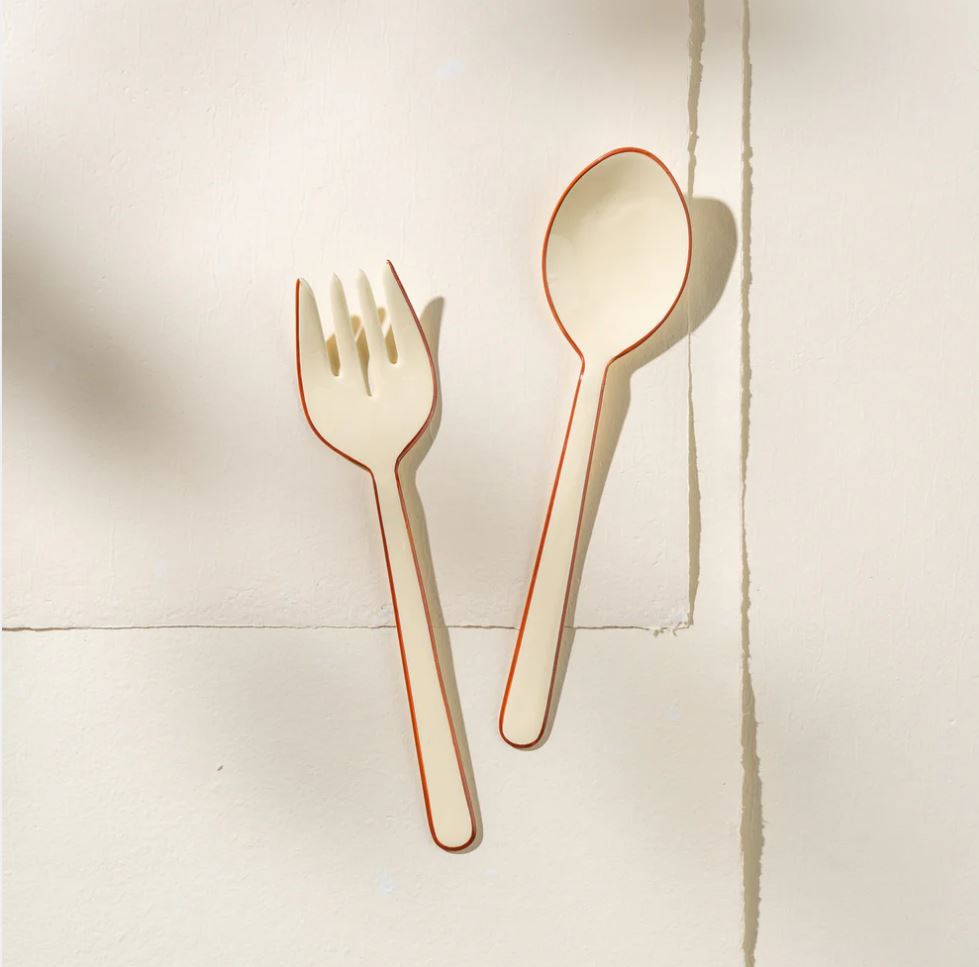 Alder Enamel Salad Servers - Cream