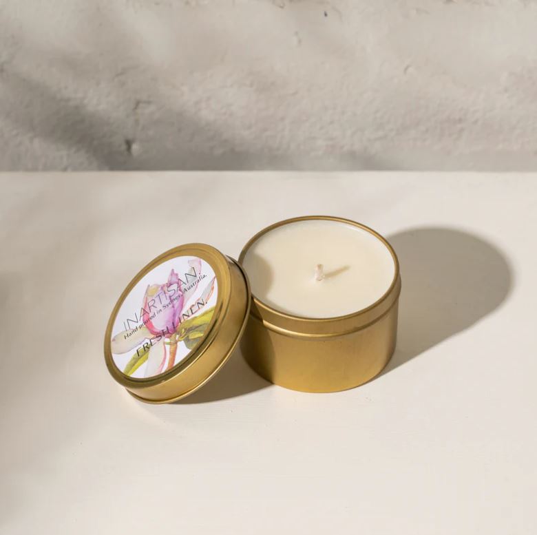 Hand Poured Soy Candle in Brass Travel Tin - Fresh Linen