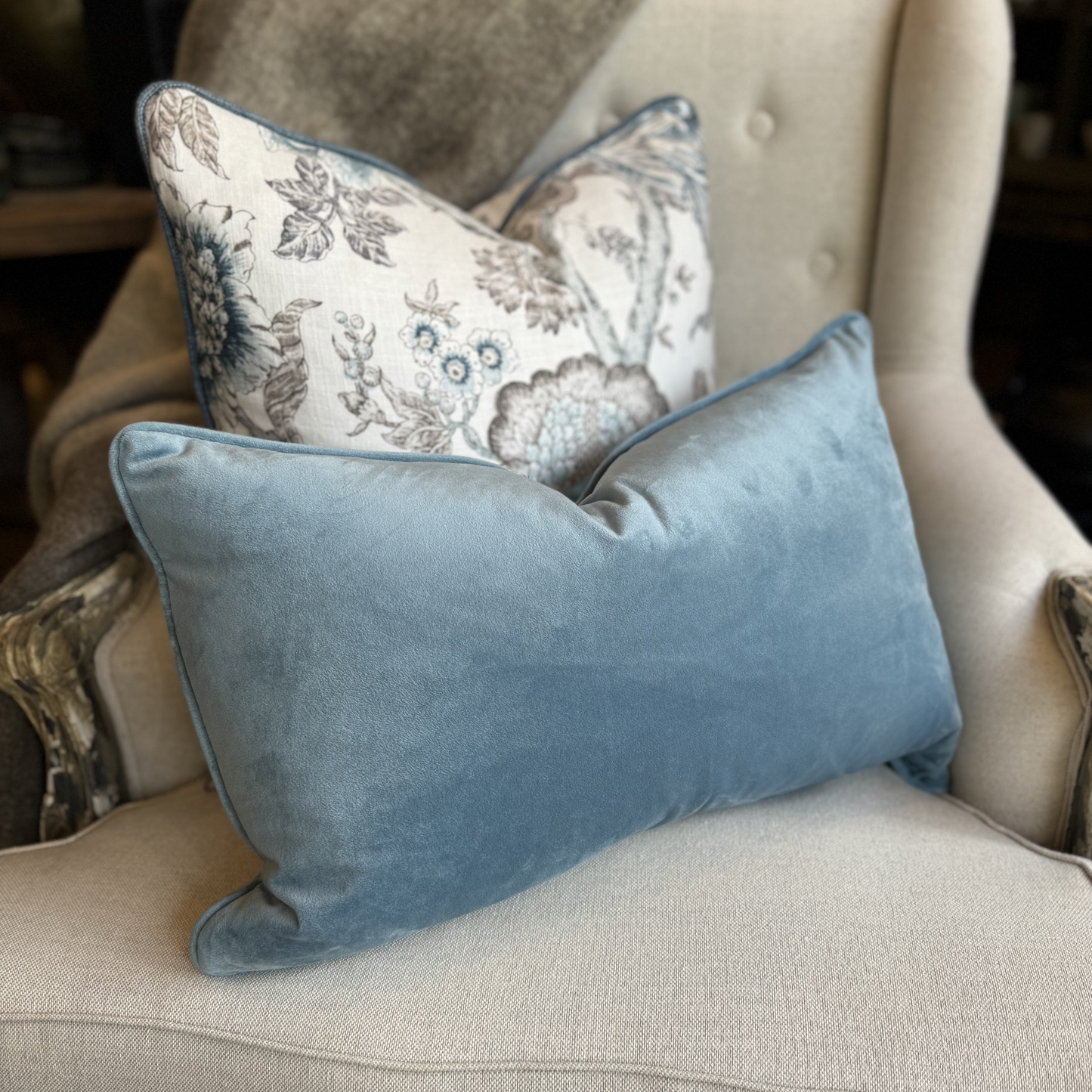 Indulge in the softness of our Blue Velvet Lumbar Cushion. This cushion adds style and luxury to any space, and comes with a concealed zipper for easy use. Filled with feather inserts for ultimate comfort and machine washable on a delicate cycle.