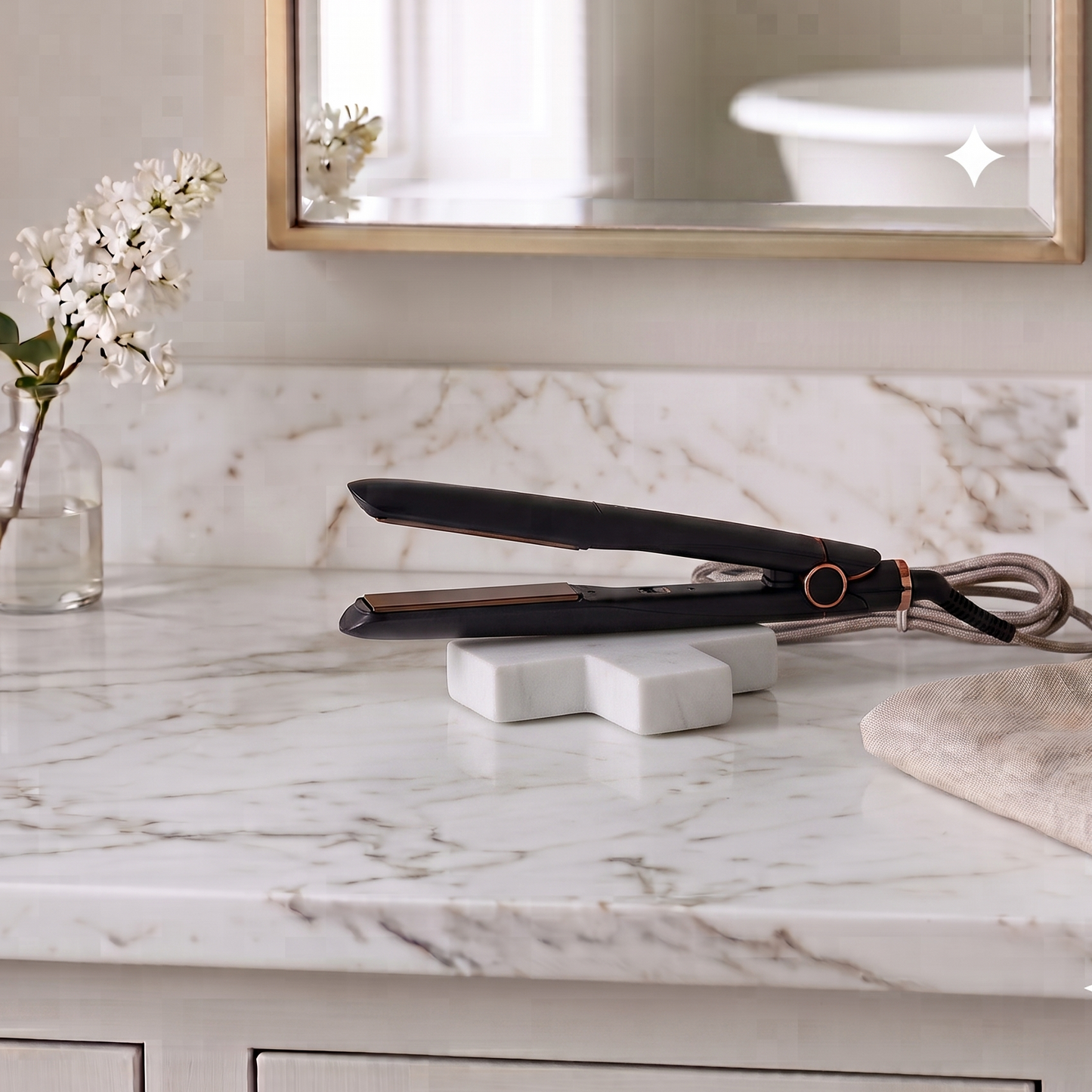 A black hair straightener with rose gold accents rests on a white marble bathroom counter, styled with a folded beige towel, a small glass vase of white flowers, and a hand wash, with a gold-framed mirror in the background.