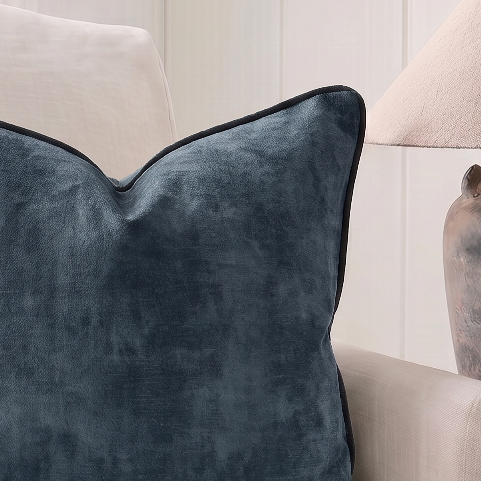 A square navy blue velvet throw pillow with piped edges, styled on a cream-colored armchair next to a rustic table lamp.