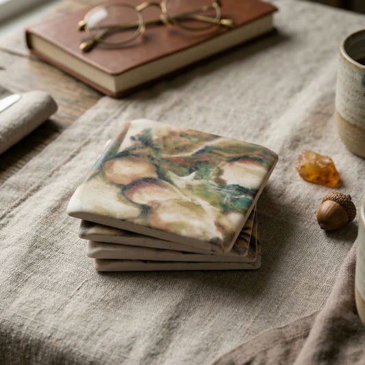 Stack of coasters with nature design on a textured tablecloth with books and a cup.