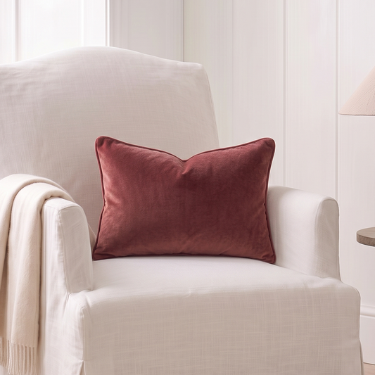 A cream-colored slipcovered armchair in a bright, white-paneled room, styled with a deep red rectangular throw pillow and a cream fringed throw blanket. A wooden side table with a lamp is visible on the right.