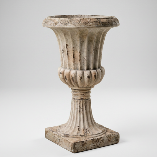 Decorative stone urn on a gray background