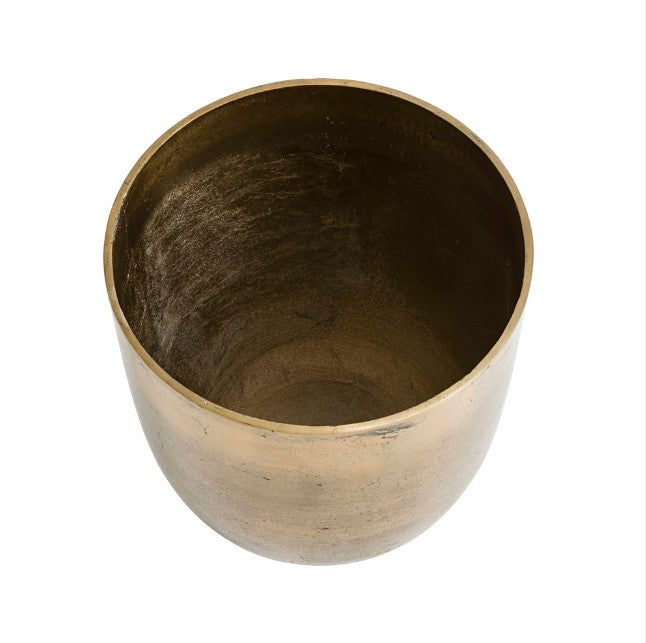 This sophisticated Versailles Gold Ice Bucket is ideal for hosting gatherings and keeping beverages chilled. It also functions well as a planter or vase, boasting an elegant aged gold hue. Top view.