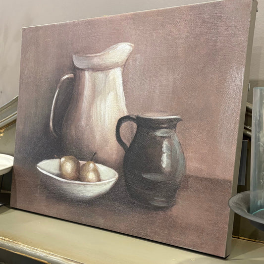 Golden Pears & Rustic Jugs Still Life Art on Canvas