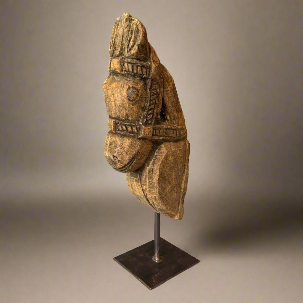 Decorative Wood Horse Figurine On Metal Stand