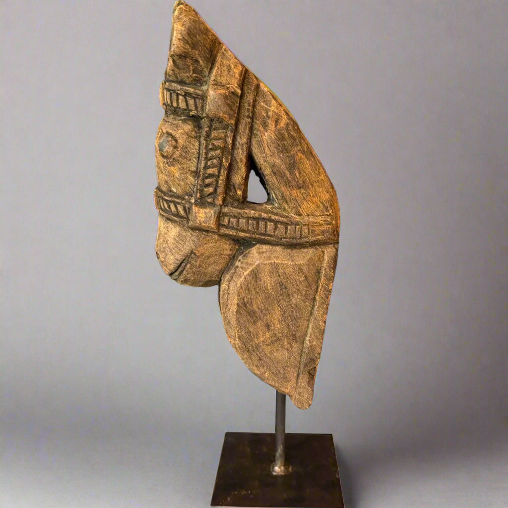Decorative Wood Horse Figurine On Metal Stand