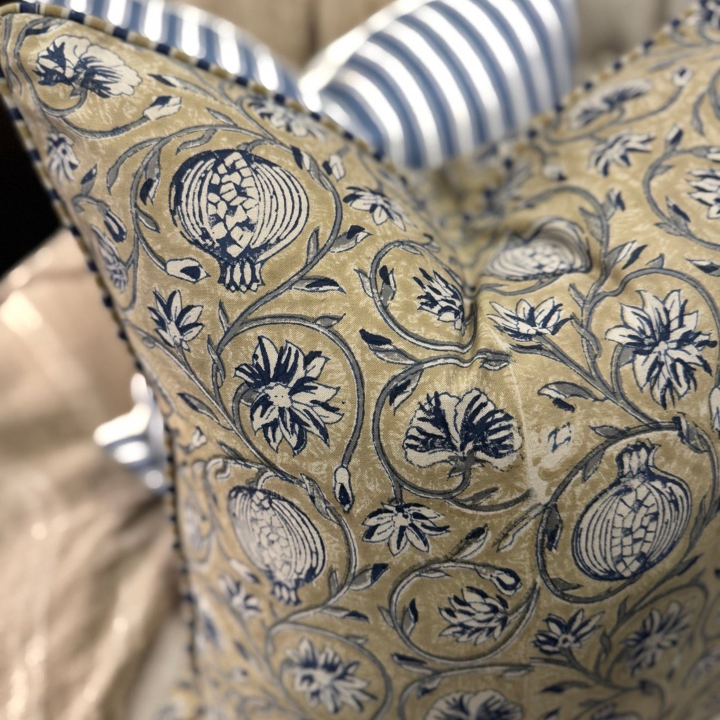 Tangier Pomegranate Beige & Blue Cotton Cushion - 50cm x 50cm