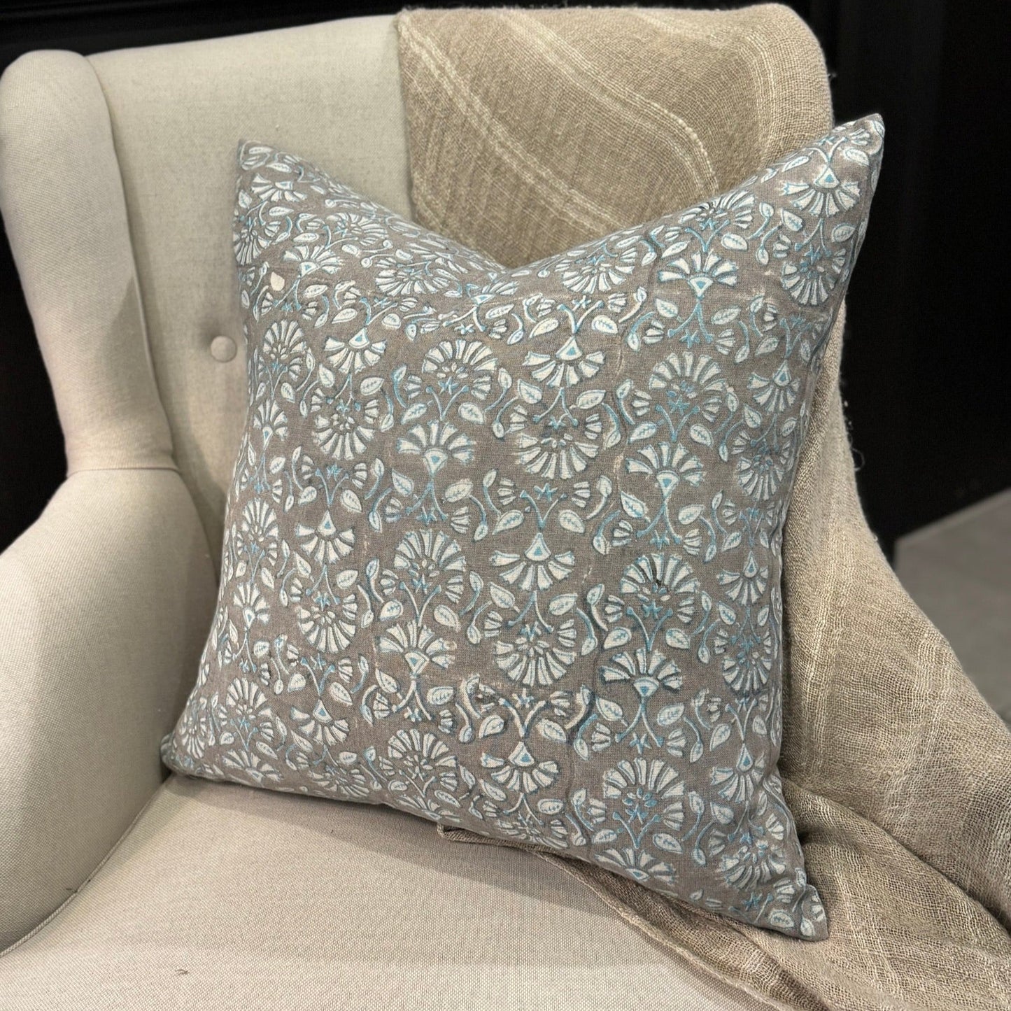 Sumatra Artisan Blue Smoke Grey Block Printed Pure French Linen Cushion