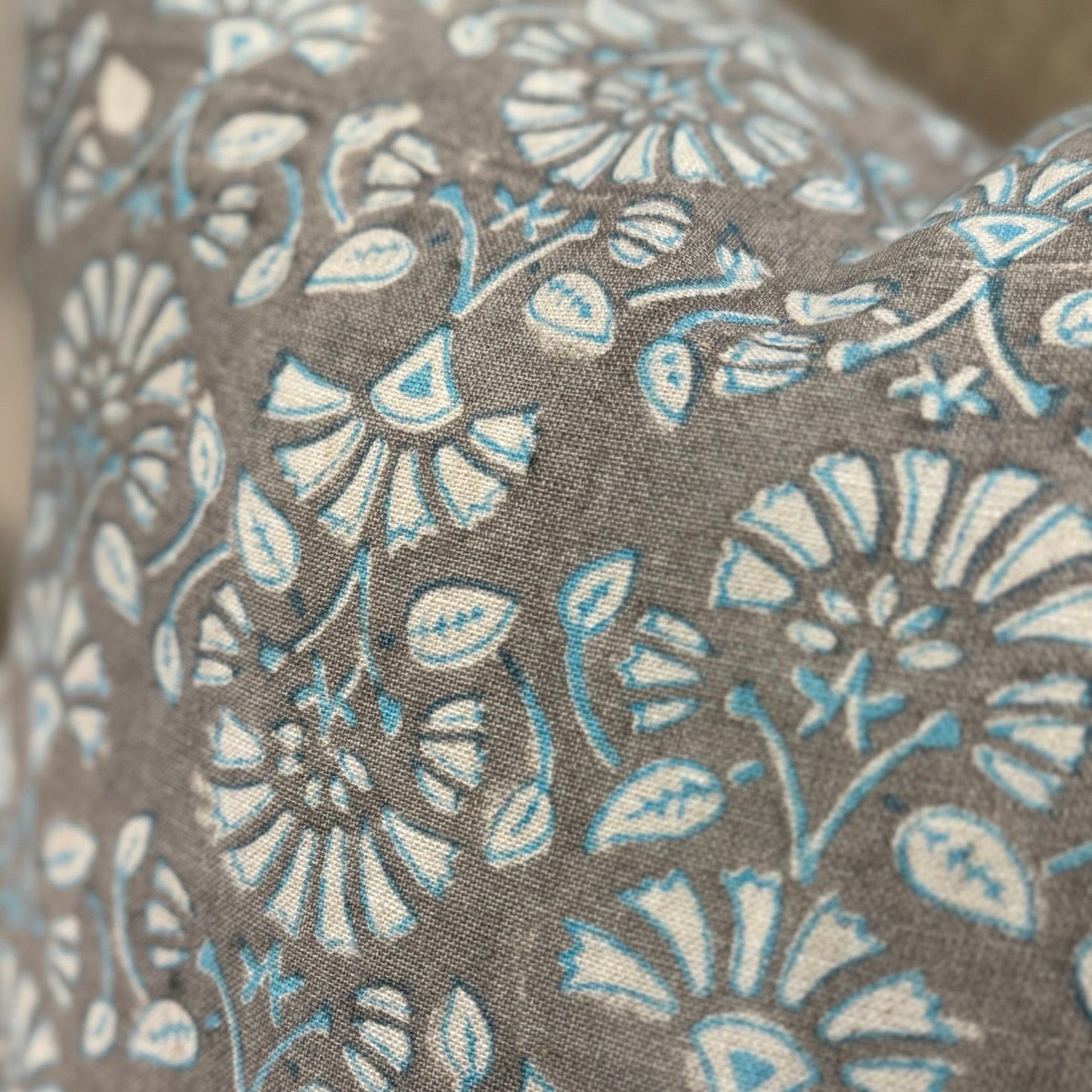 Sumatra Artisan Blue Smoke Grey Block Printed Pure French Linen Cushion
