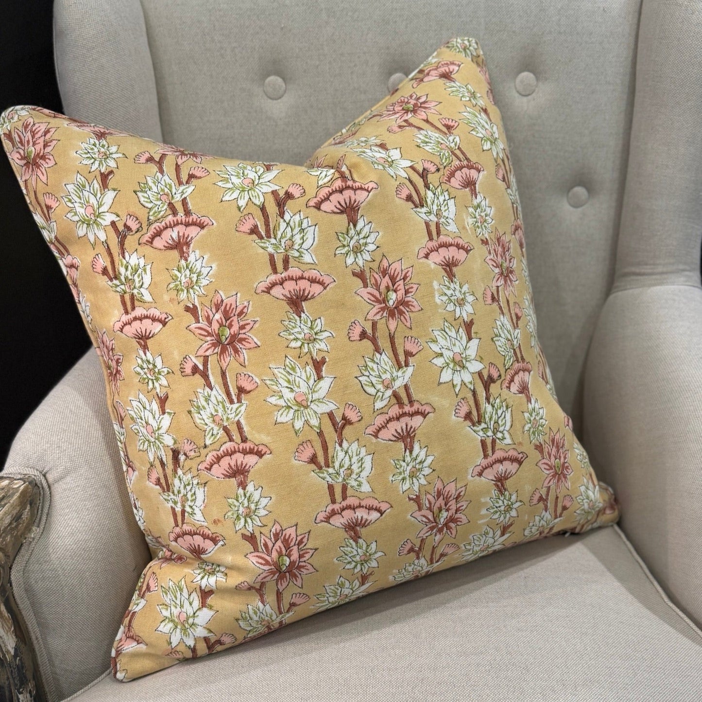 Lotus Bloom Block Printed Linen Cushion 55cm x 55cm