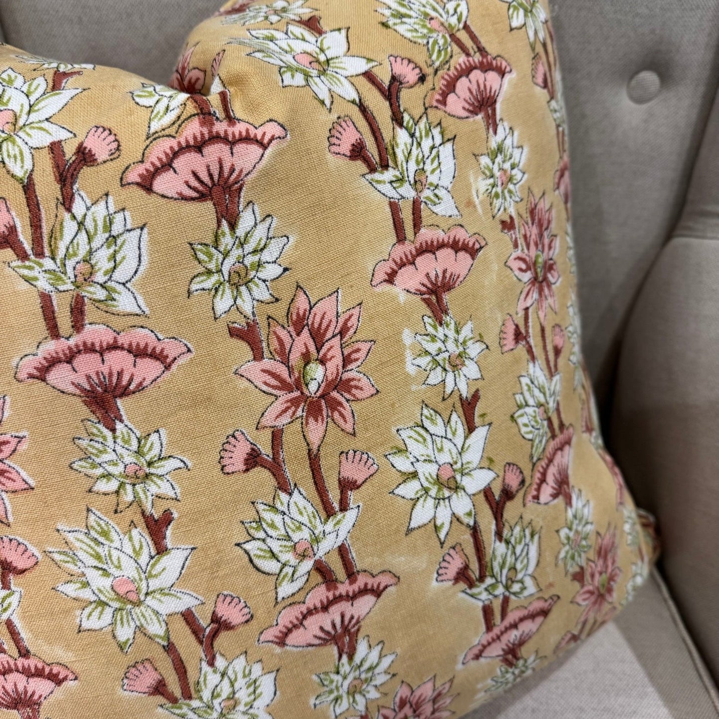 Lotus Bloom Block Printed Linen Cushion 55cm x 55cm