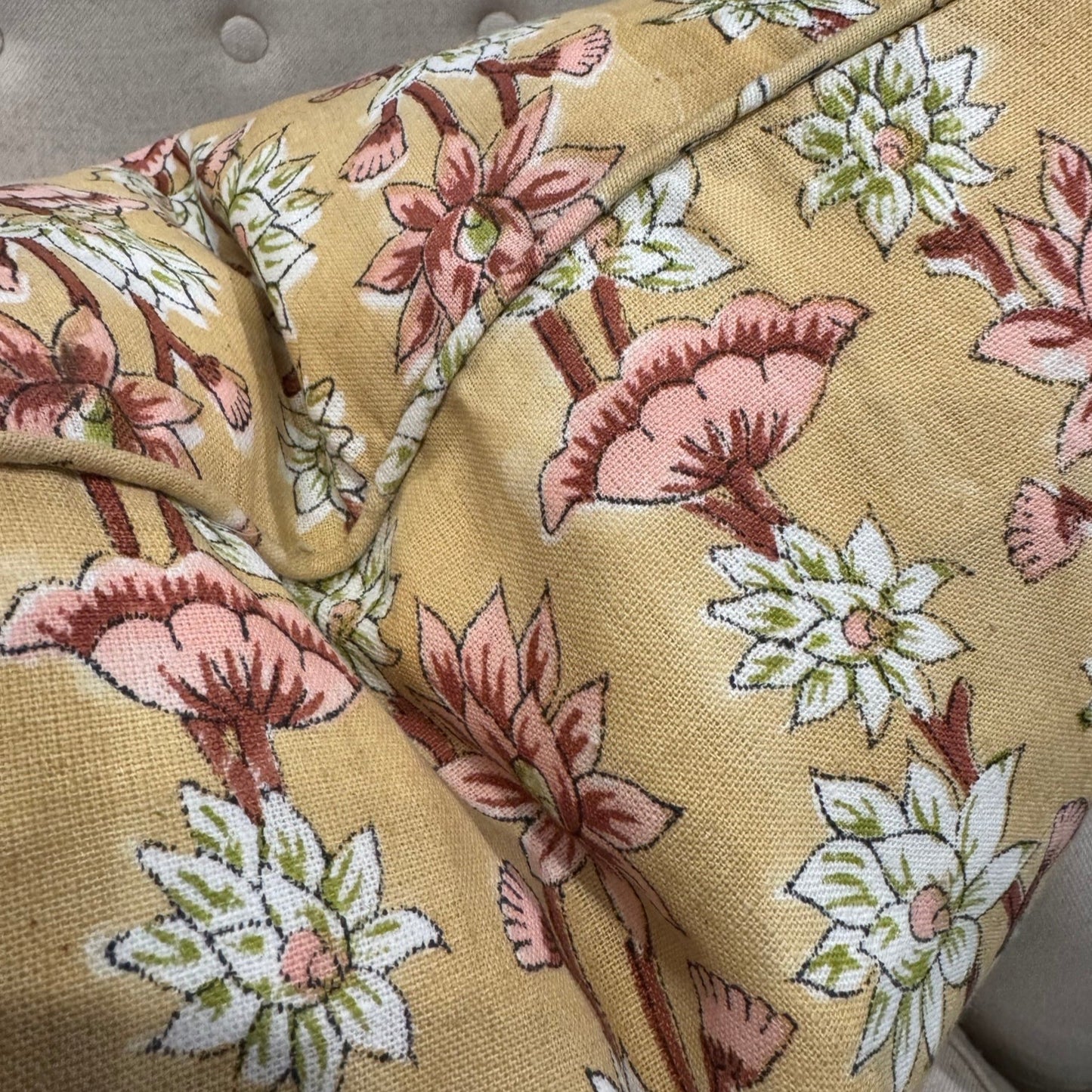 Lotus Bloom Block Printed Linen Cushion 55cm x 55cm