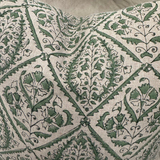 Indulge in the exquisite Jaipur Green Block Print Linen Cushion by Swedish Designer CHAMOIS. This luxurious accent showcases an intricate Indian block print pattern on sumptuous 100% Belgian linen, creating an unparalleled statement piece for your home. The premium feather insert provides exceptional comfort while the durable fabric ensures lasting beauty. Transform your interior with this sophisticated 50cm x 50cm cushion that perfectly balances artisanal craftsmanship with contemporary elegance.