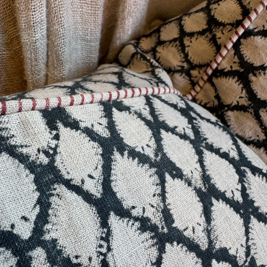 Cypress Navy Blue Block Printed Linen Cushion 50cm x 50cm