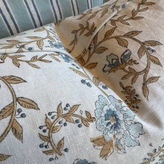 Imperial Blue Bloom Block Printed Linen Cushion 55cm x 55cm