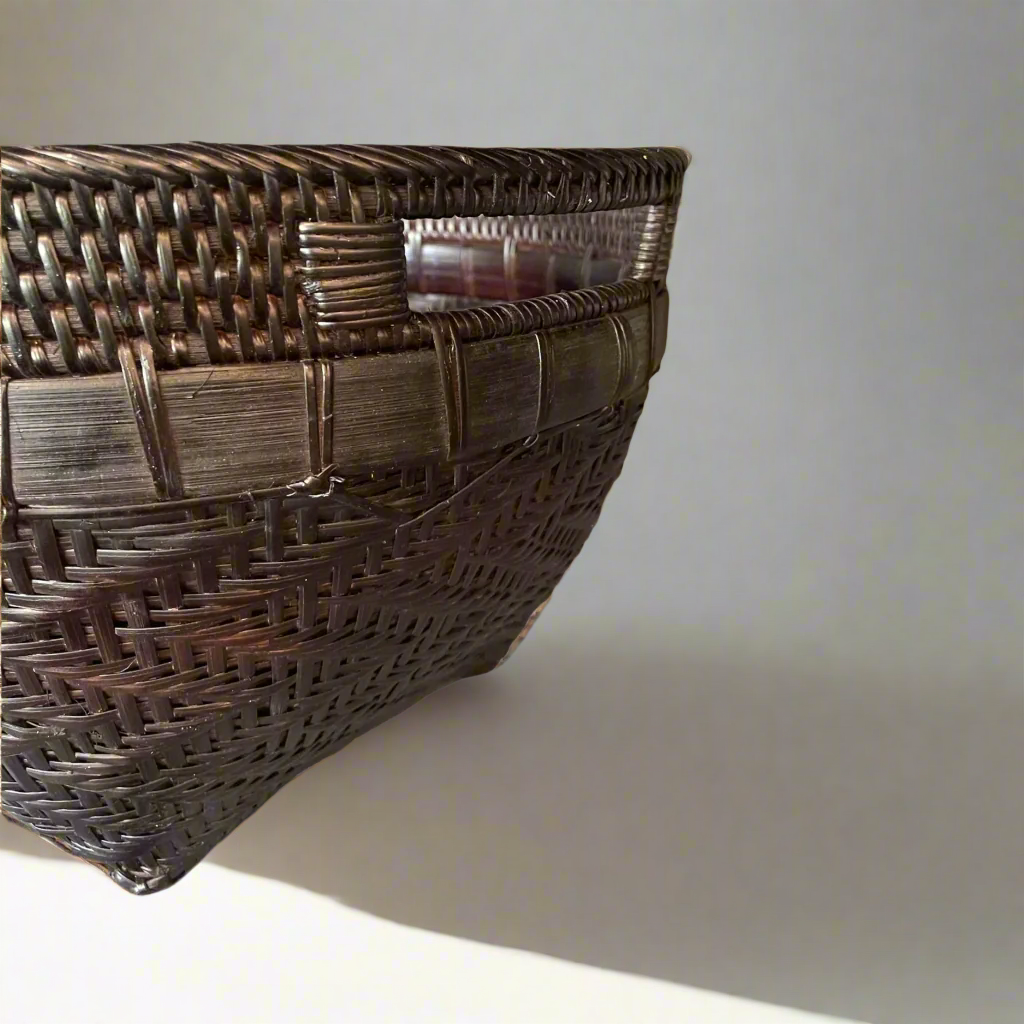 Crafted by East Indonesian Island Villagers, this stunning Sahara Handcrafted Bamboo & Rattan Basket is perfect as an accent piece or use to provide additional valuable storage. Close up.