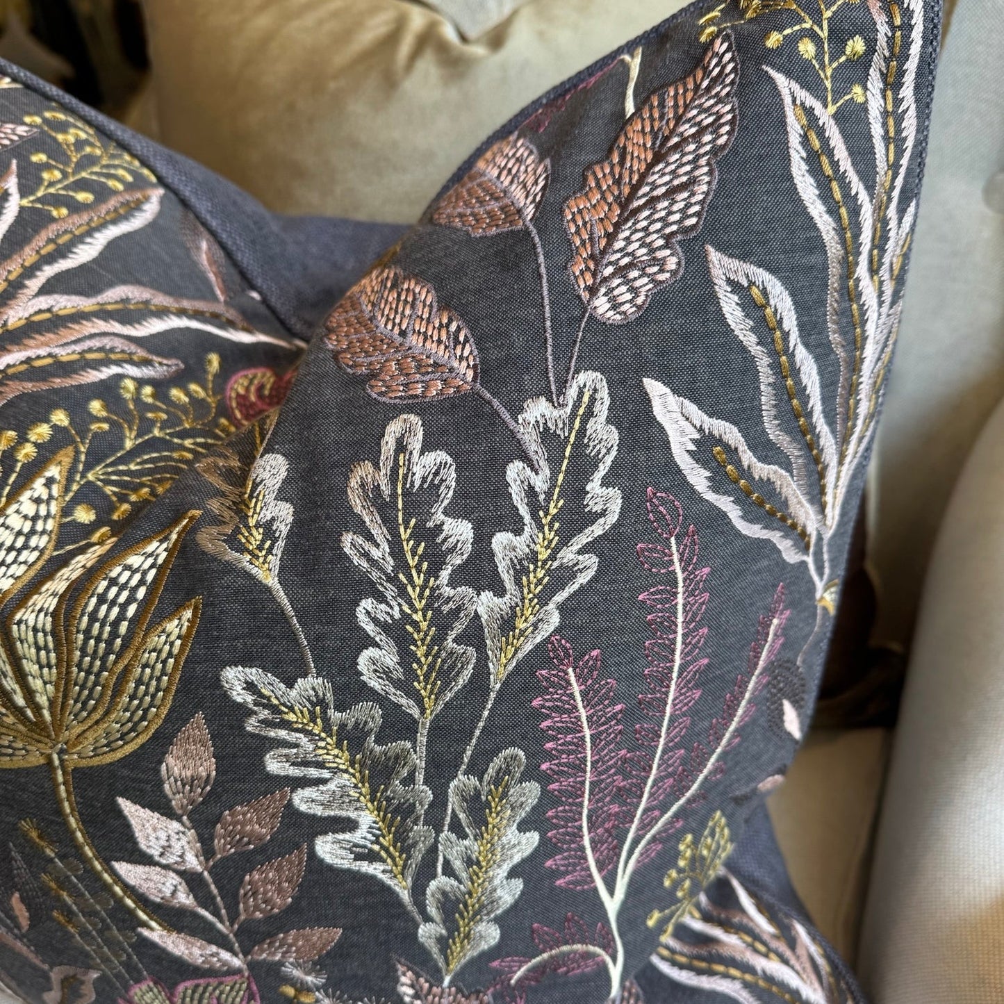 Dark Grey Floral Embroidered Cushion 50cm x 50cm