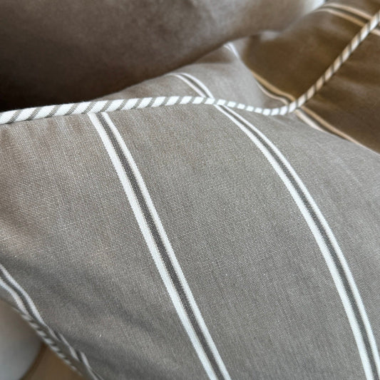 Taupe & White Panel Stripe Linen Cushion