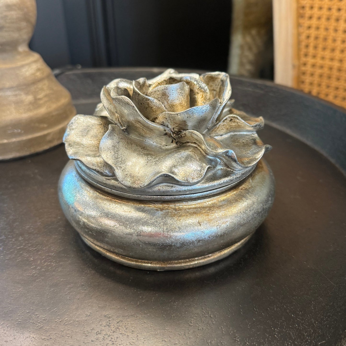 Enhance your home decor with the stunning Camelia Pewter Finish Trinket Box! This exquisite piece makes a perfect gift for storing jewellery or adding a touch of elegance to your bedside table.