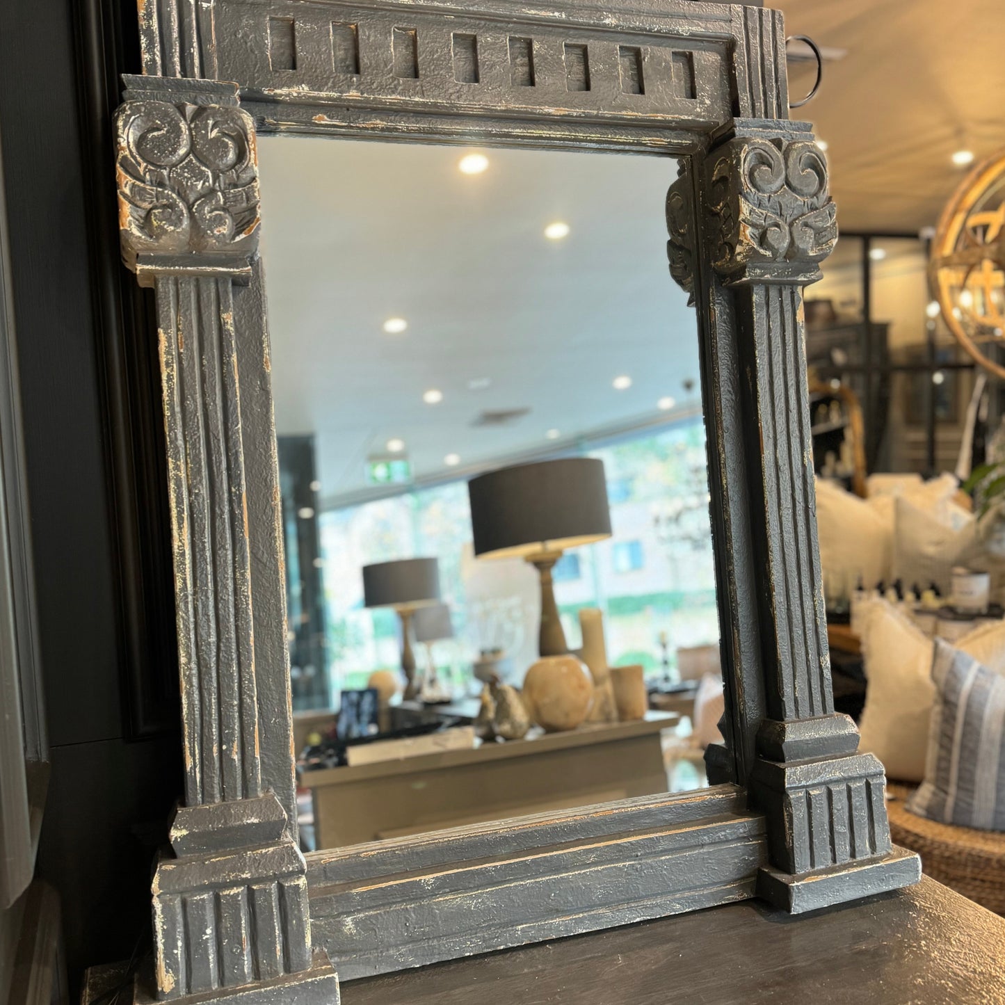 Experience the timeless charm of the Sarlat Handcrafted Teak Blue-Grey Mirror, meticulously crafted with intricate details and artfully distressed for a stunning addition to any space.