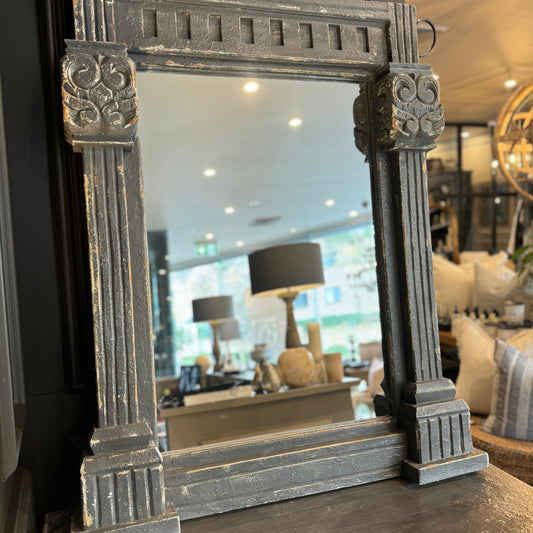 Experience the timeless charm of the Sarlat Handcrafted Teak Blue-Grey Mirror, meticulously crafted with intricate details and artfully distressed for a stunning addition to any space.