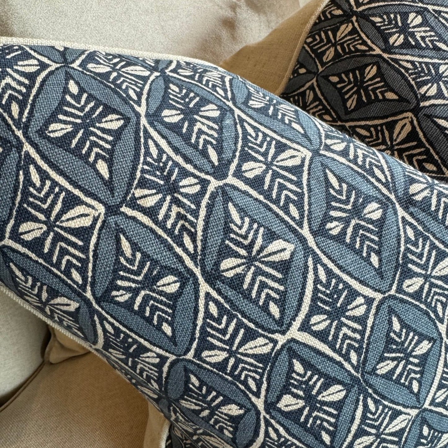 Experience the stunning design of the Maeva Patterned Linen Cushion, with varying shades of blue and an oatmeal outline. The oatmeal linen backing adds a touch of elegance, making it the perfect accent cushion. And with a soft duck feather insert, it's not only beautiful, but also incredibly comfortable.