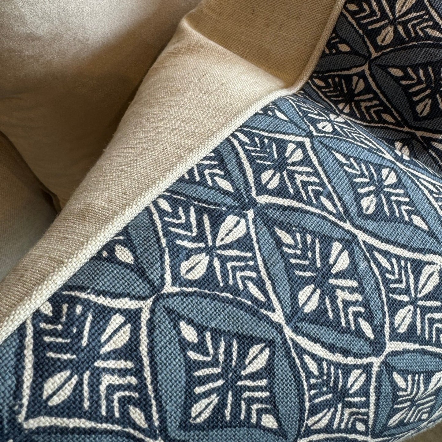 Experience the stunning design of the Maeva Patterned Linen Cushion, with varying shades of blue and an oatmeal outline. The oatmeal linen backing adds a touch of elegance, making it the perfect accent cushion. And with a soft duck feather insert, it's not only beautiful, but also incredibly comfortable.