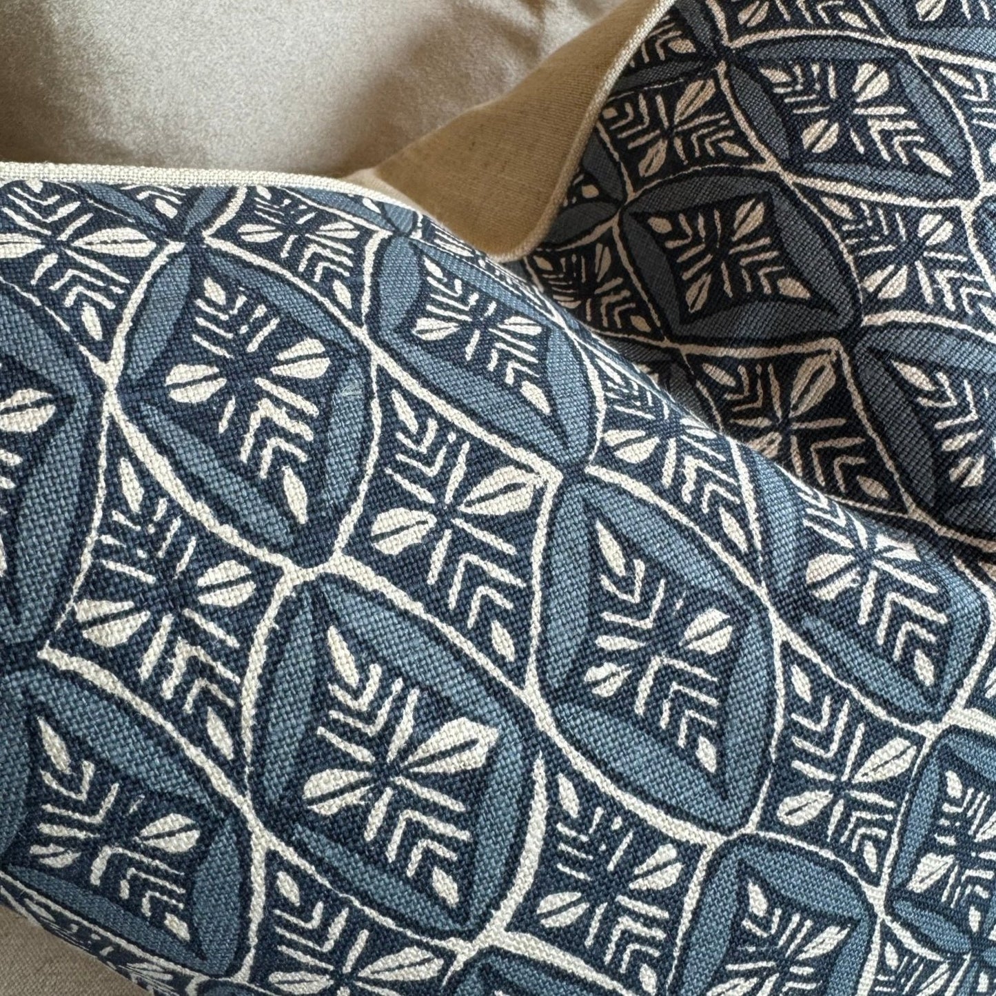 Experience the stunning design of the Maeva Patterned Linen Cushion, with varying shades of blue and an oatmeal outline. The oatmeal linen backing adds a touch of elegance, making it the perfect accent cushion. And with a soft duck feather insert, it's not only beautiful, but also incredibly comfortable.