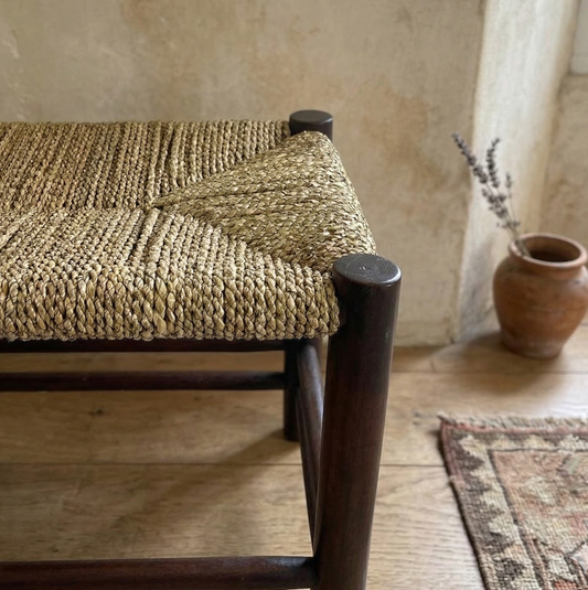 Woven seagrass stool with teak wooden legs