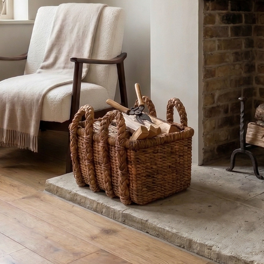 water hyacinth basket in front of a fireplace
