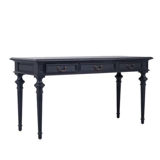 Black console table with four drawers on a white background