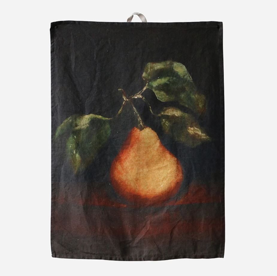 Tea towel with a pear design on a dark background