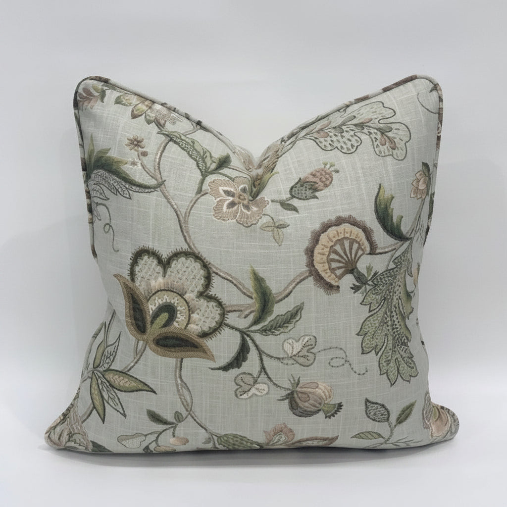 Exquisitely crafted from a sumptuous P Kaufmann heavyweight fabric – one of the world's leading fabric houses – this beautiful P Kaufmann Brissac Pastel Floral Cushion is adorned with an exquisite pattern and delicate hues against a pale green backdrop, creating a timelessly graceful and elegant addition to any elegant home decor. Luxurious feather insert included.