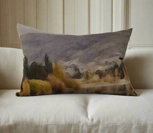 Experience the stunning beauty of nature with the Lake Hayes Lumbar Linen Cushion. Hand painted by a local Auckland artist, the tranquil warm colours and gentle shades embody the spirit of New Zealand's countryside. Ideal for any seat, this cushion is crafted from premium 100% organic French linen and comes with a plush feather insert for ultimate relaxation.